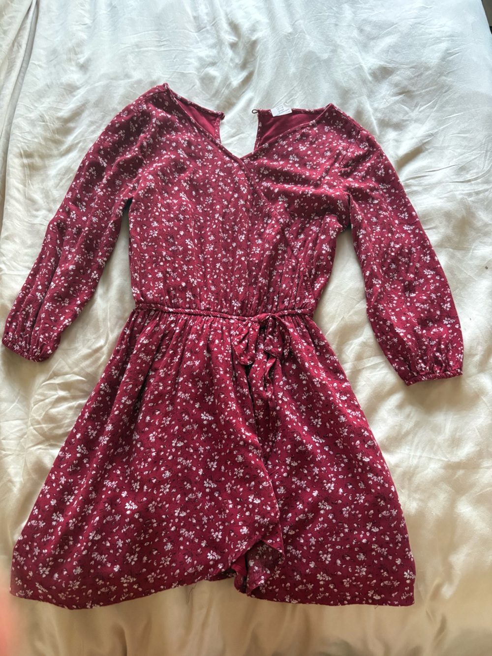 abercrombie kids Burgundy Floral Tie-Waist Long Sleeve Dress